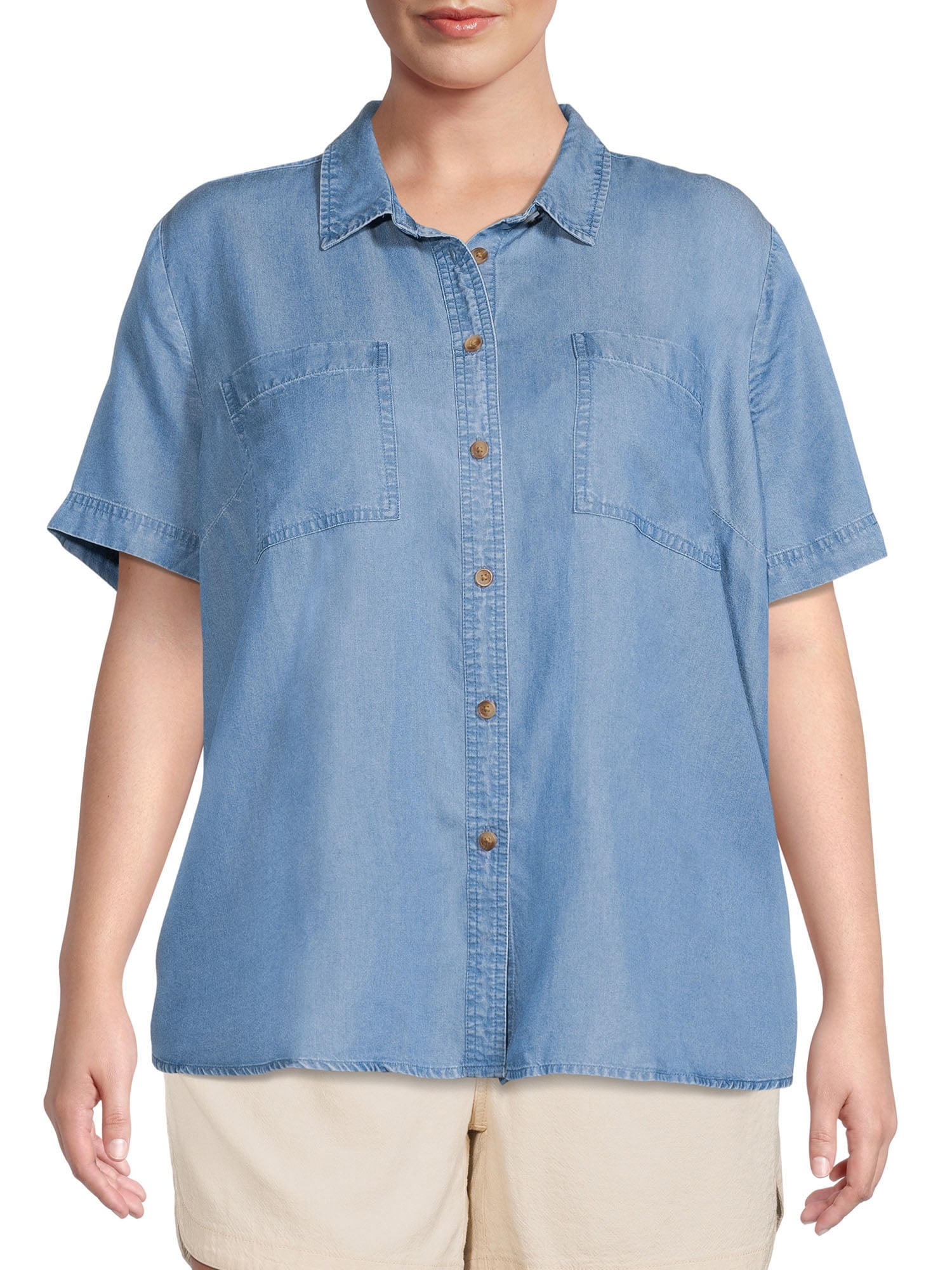 women's short sleeve camp shirt with pockets
