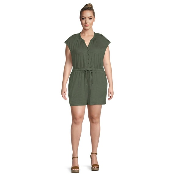 Terra & Sky Women's Plus Size Button-Front Knit Romper, 5" Inseam