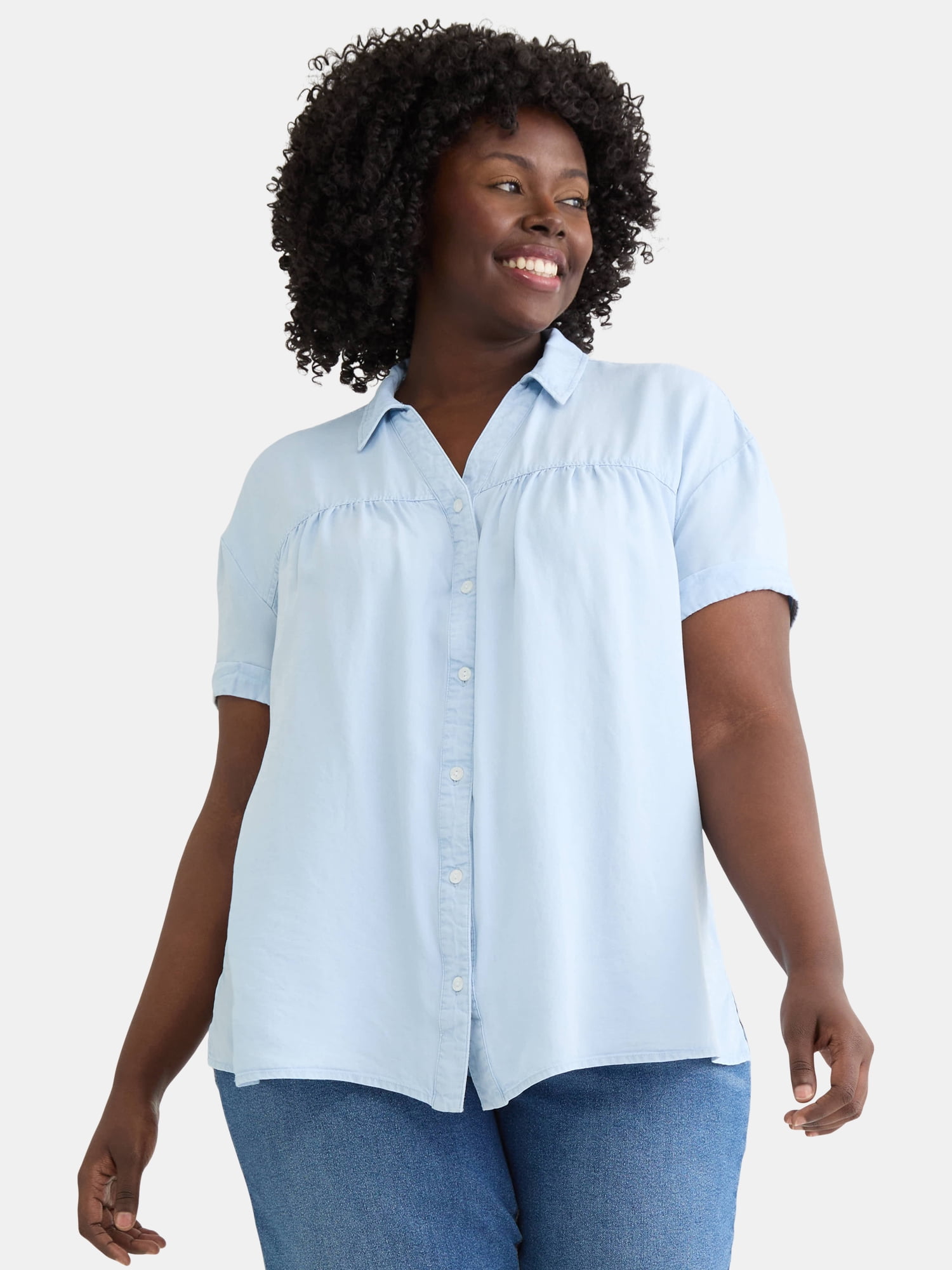 Terra & Sky Women's Plus Size Camp Shirt with Short Sleeves, Sizes, 0X-4X