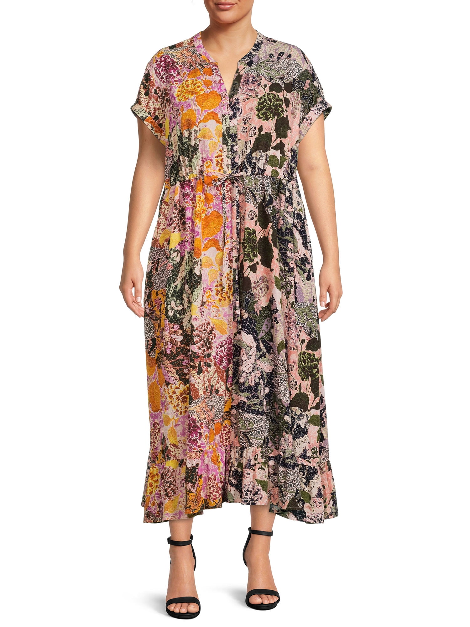 Terra & Sky Cap Sleeve Maxi Dress - Drawstring Waist - Walmart.com