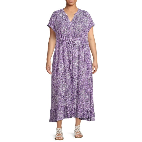 Terra & Sky Women's Plus Size Cap Sleeve Mandarin Collar Maxi Dress