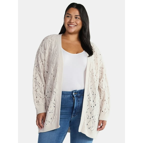 Terra & Sky Women's Plus Size Chenille Crochet Cardigan Sweater, Midweight, Sizes 0X-5X