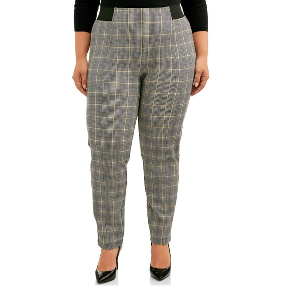 Terra & Sky Women's Plus Size Comfort Elastic Waistband Plaid Ponte Pant