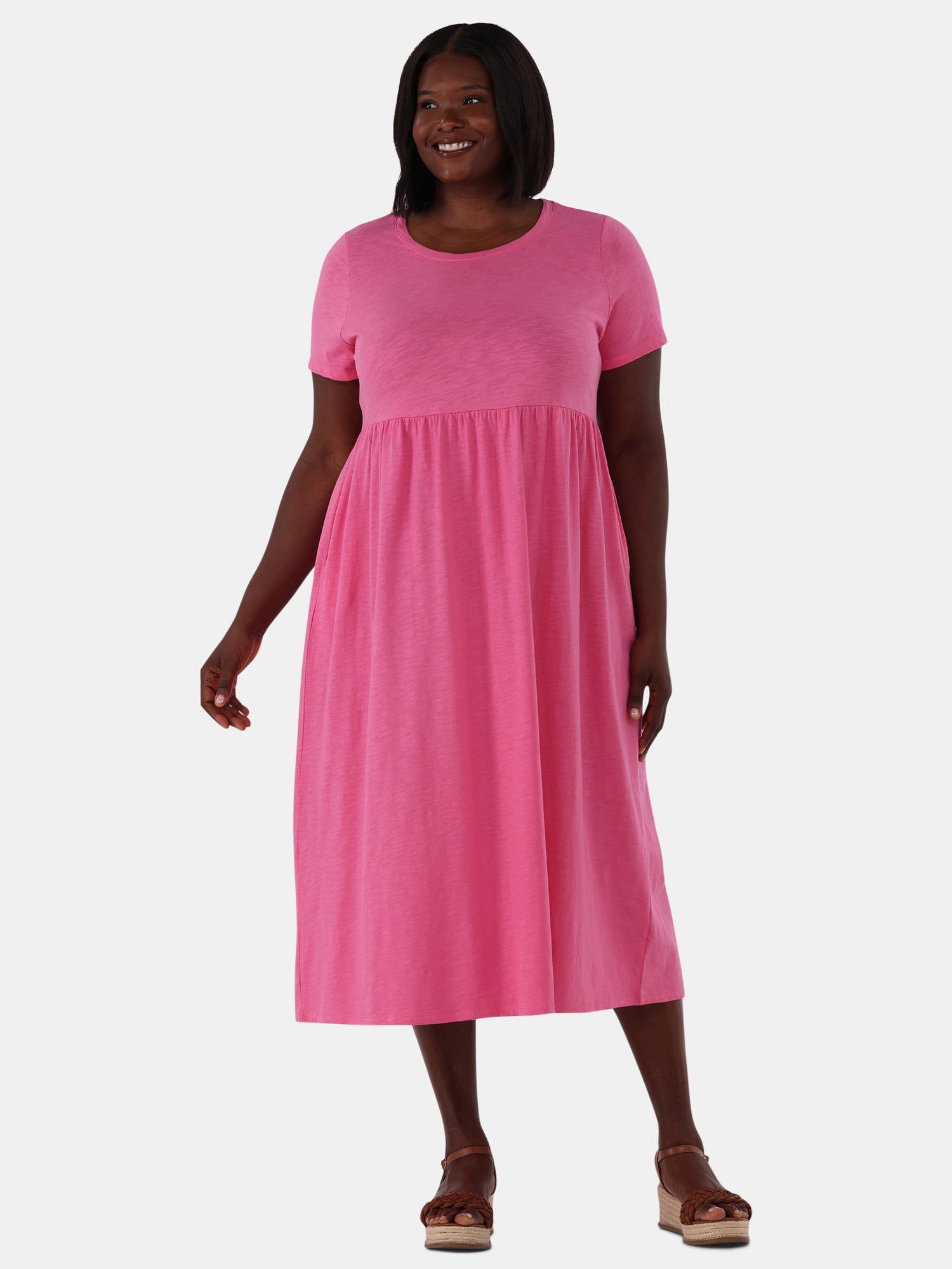 Terra \u0026 Sky Women's Plus Size Cotton Gathered Waist T-Shirt Dress