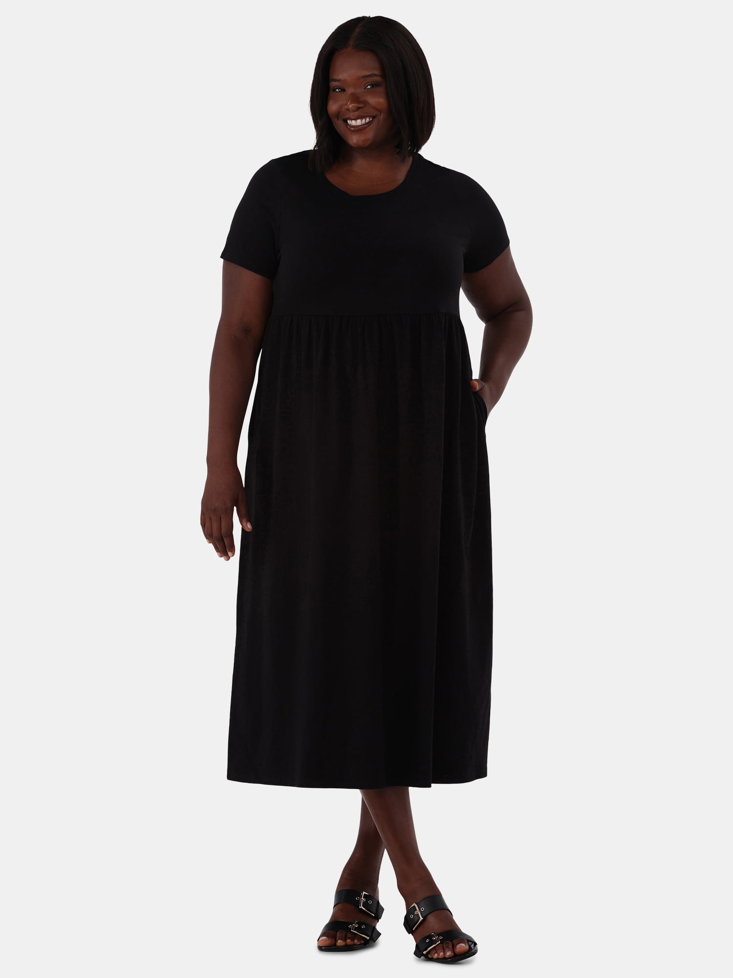 Terra & Sky Women's Plus Size Cotton Gathered Waist T-Shirt Dress, Sizes 0X-5X