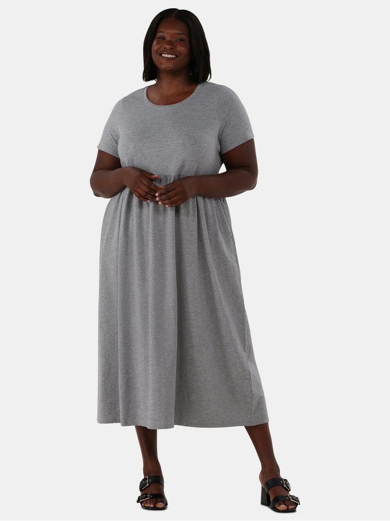 Terra & Sky Women's Plus Size Cotton Gathered Waist T-Shirt Dress, Sizes 0X-5X