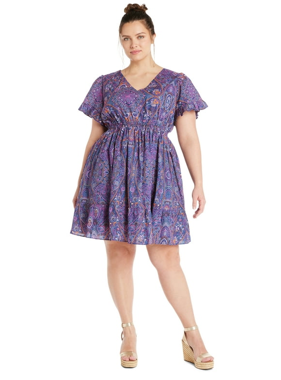 Terra & Sky Women's Plus Size Cotton V-Neck Woven Dress with Short Sleeves, Sizes 0X-5X