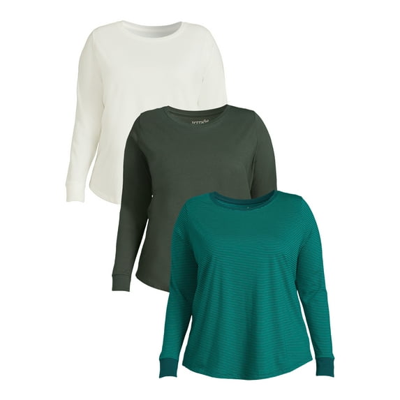 Terra & Sky Women's Plus Size Crewneck Tee with Long Sleeves, 3-Pack
