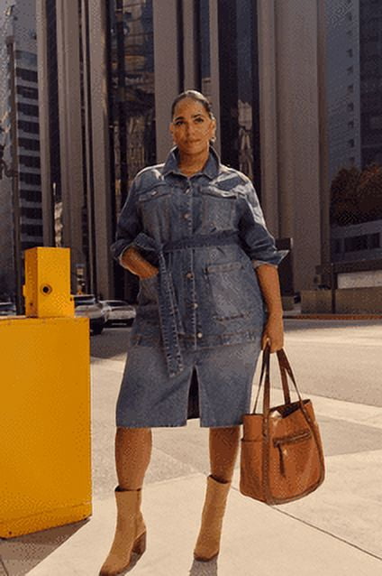 Terra & Sky Women's Plus Size Denim Button-Down Shacket with Belt, Sizes 0X-4X