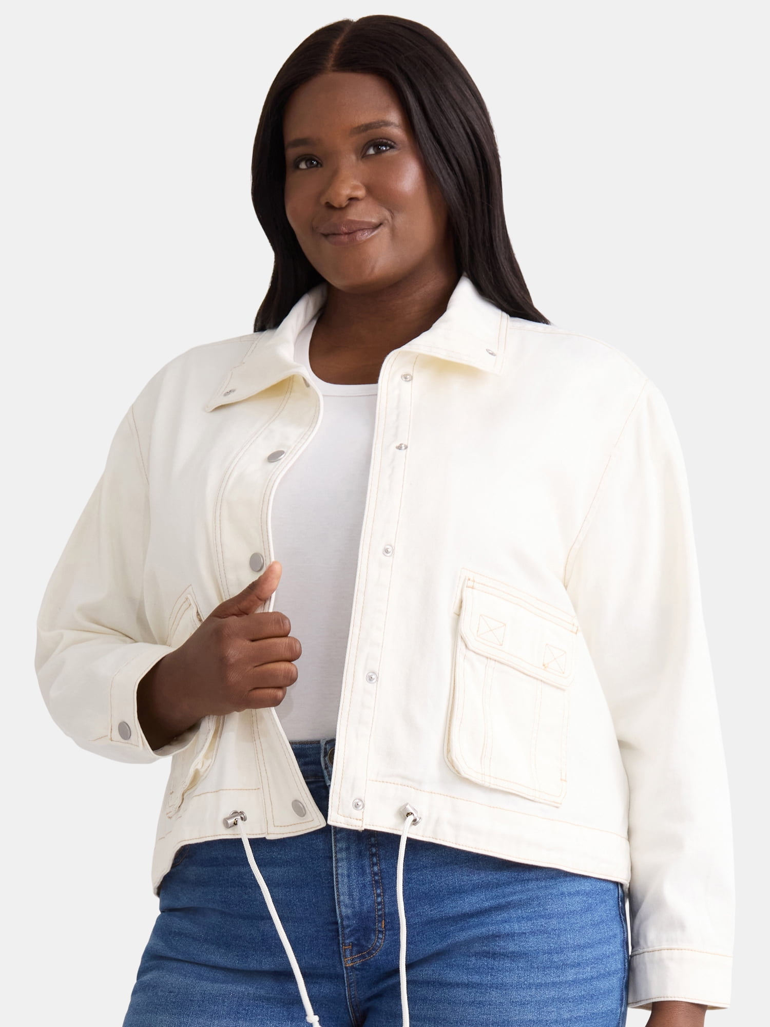 Terra & Sky Women's Plus Denim Utility Jacket with Flap Pockets