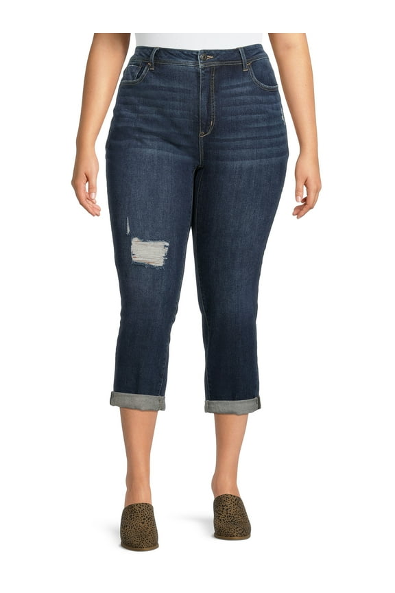 Women's Plus Size Distressed Slim Boyfriend Capri Jeans, 27” Inseam