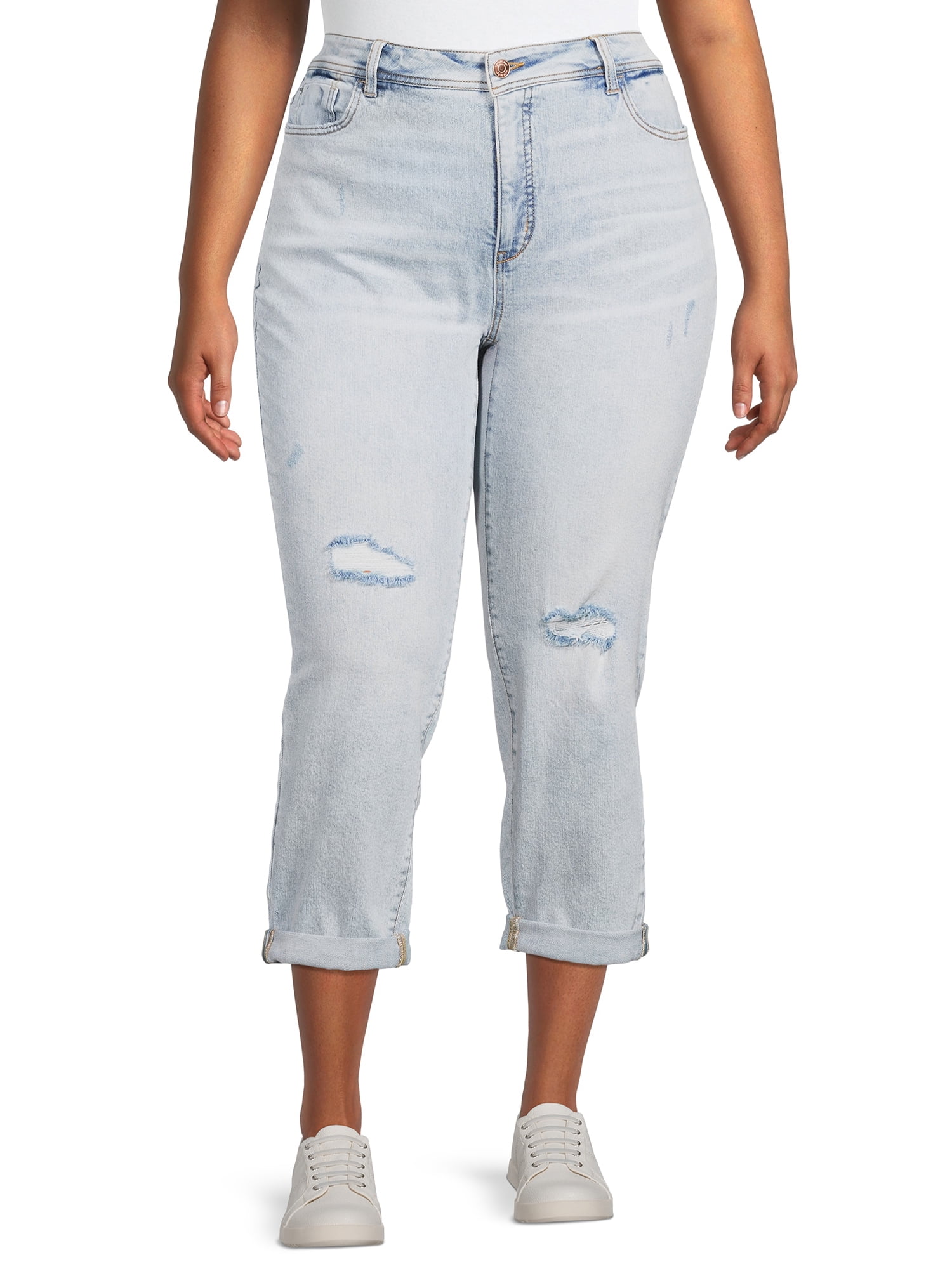 Terra Sky Women s Plus Size Distressed Slim Boyfriend Capri Jeans 27 Inseam Walmart