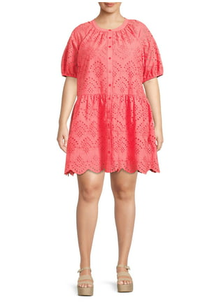 Terra & Sky Women's Plus Size Ruffle Shirt Dress with Short Sleeves