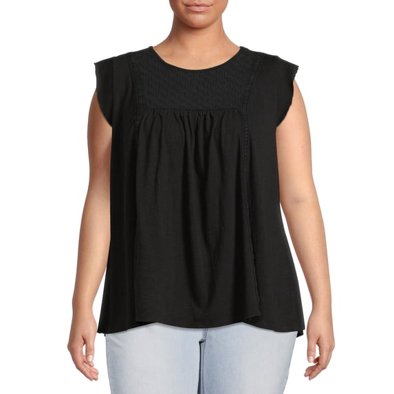 Terra & Sky Women's Plus Size Eyelet Trim Flutter Sleeve Top