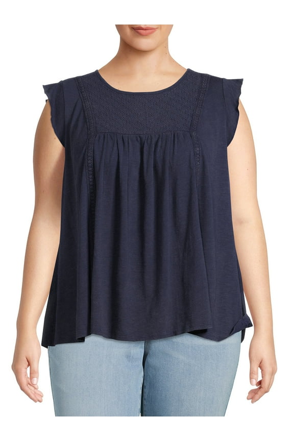 Women's Plus Size Eyelet Trim Flutter Sleeve Top