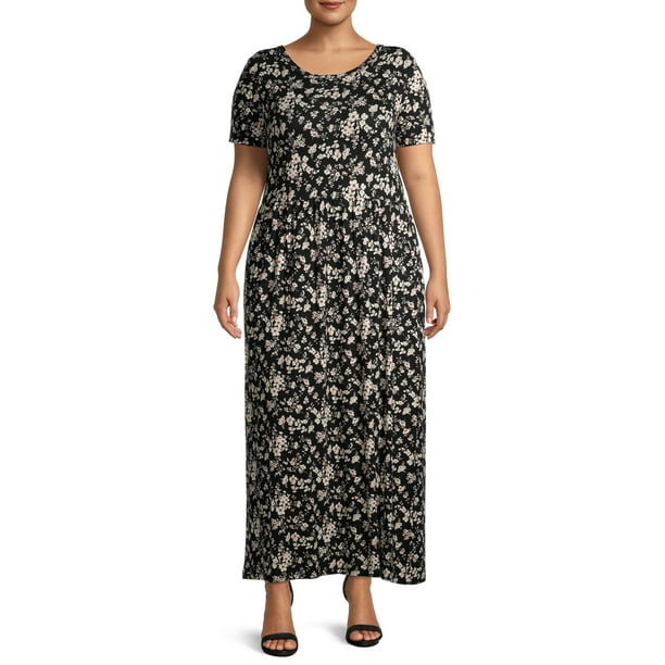 Terra & Sky Women's Plus Size Floral Print Maxi Dress with Pockets ...