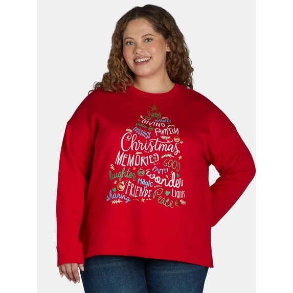 Terra & Sky Women's Plus Size Holiday Spirit Graphic Long Sleeve Sweatshirt, Sizes 0X-5X