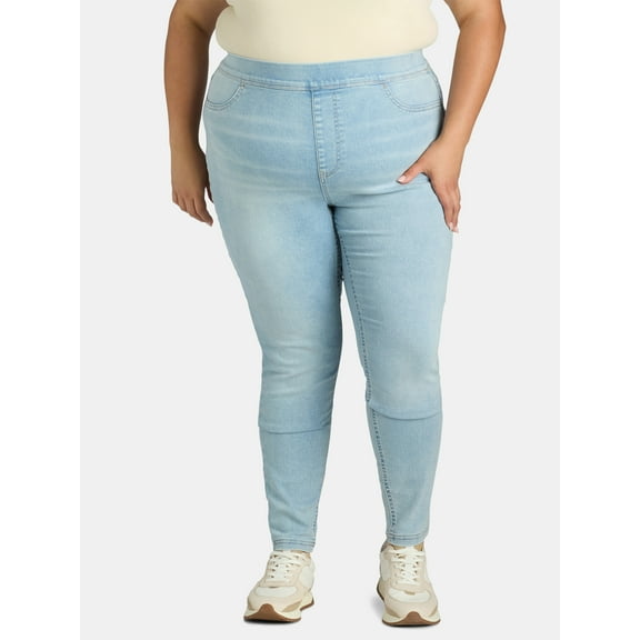 Terra & Sky Women's Plus Size High Rise Pull-On Jegging Jeans, 2-pack Black/Light Wash, 28" Inseam, Sizes 0X-5X