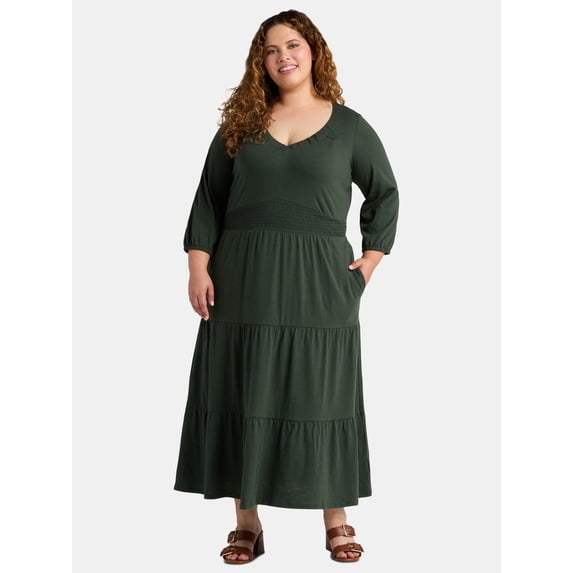 Terra & Sky Women's Plus Tiered Smocked Knit Maxi Dress, Sizes 0X-4X