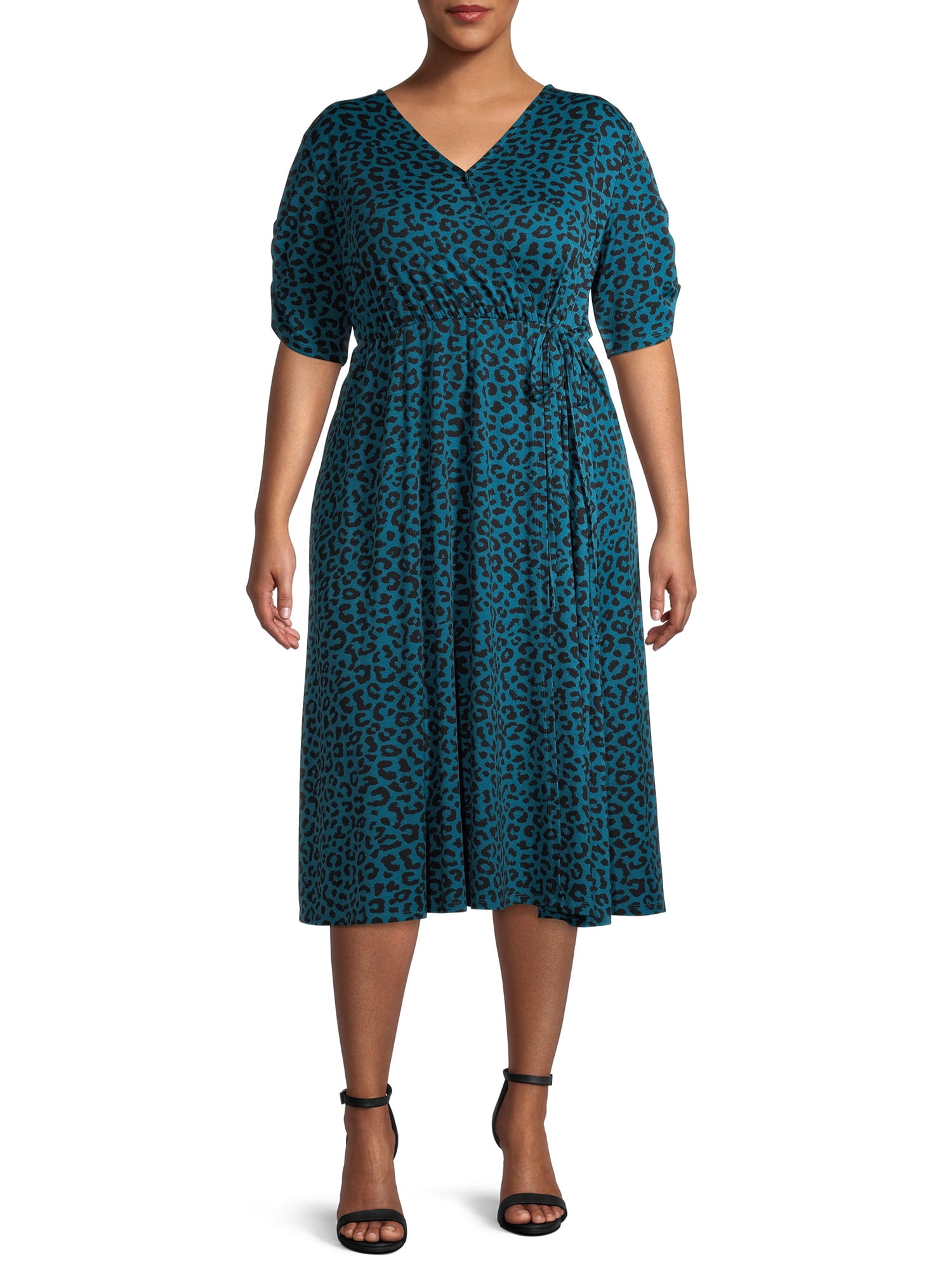 Terra & Sky Women's Plus Size Leopard Print Midi Faux Wrap Dress ...