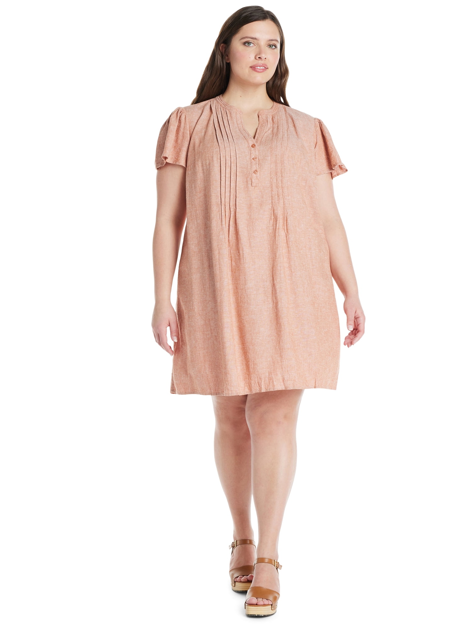 Terra & Sky Women's Plus Size Linen Blend Pintuck Dress with