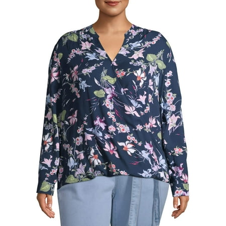 Terra & Sky Women's Plus Size Long Sleeve Floral Wrap Front Top with Knit Back