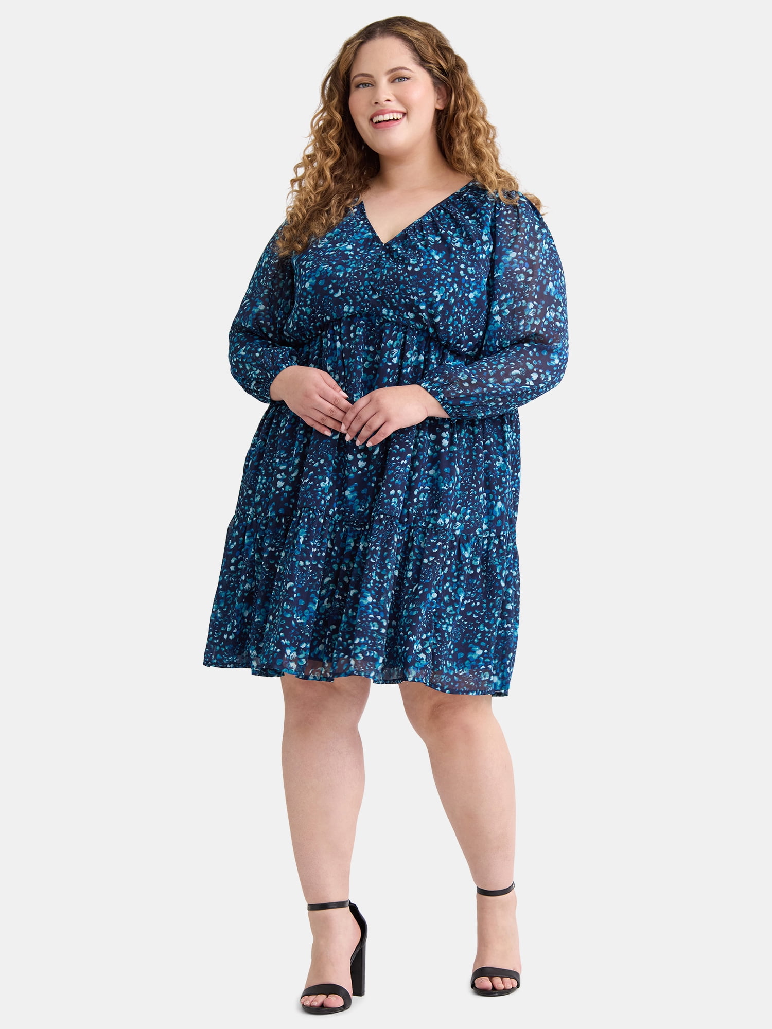 Terra & Sky Women's Plus Size Long Sleeve Mini Peasant Dress
