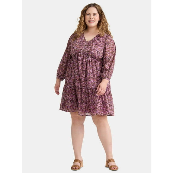 Terra & Sky Women's Plus Size Long Sleeve Mini Peasant Dress