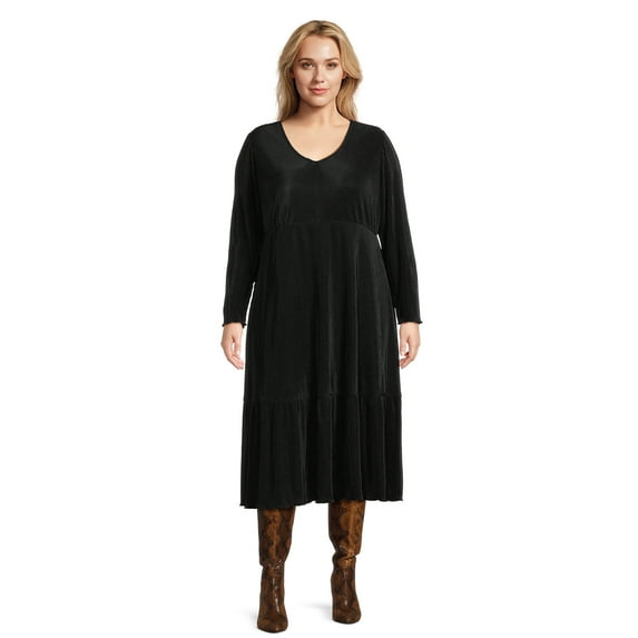 Terra & Sky Women's Plus Size Long Sleeve Plisse Midi Dress