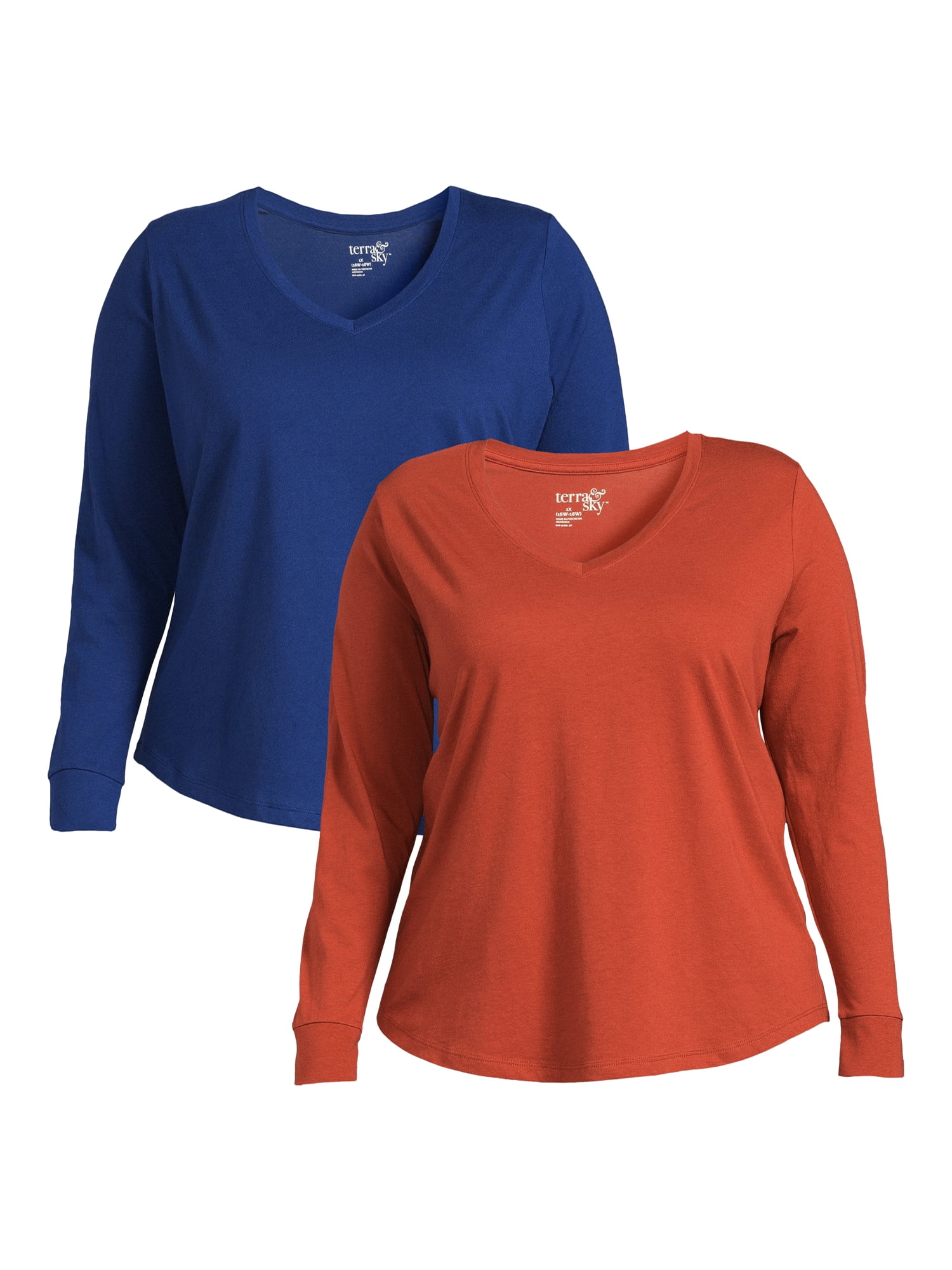 Terra & Sky Women's Plus Size Long Sleeve V-Neck T-Shirt, 2-Pack