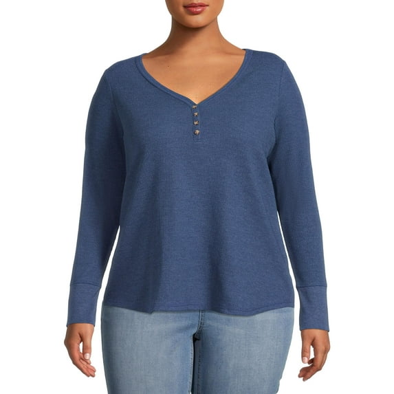 Terra & Sky Women's Plus Size Long Sleeve Waffle Henley Top