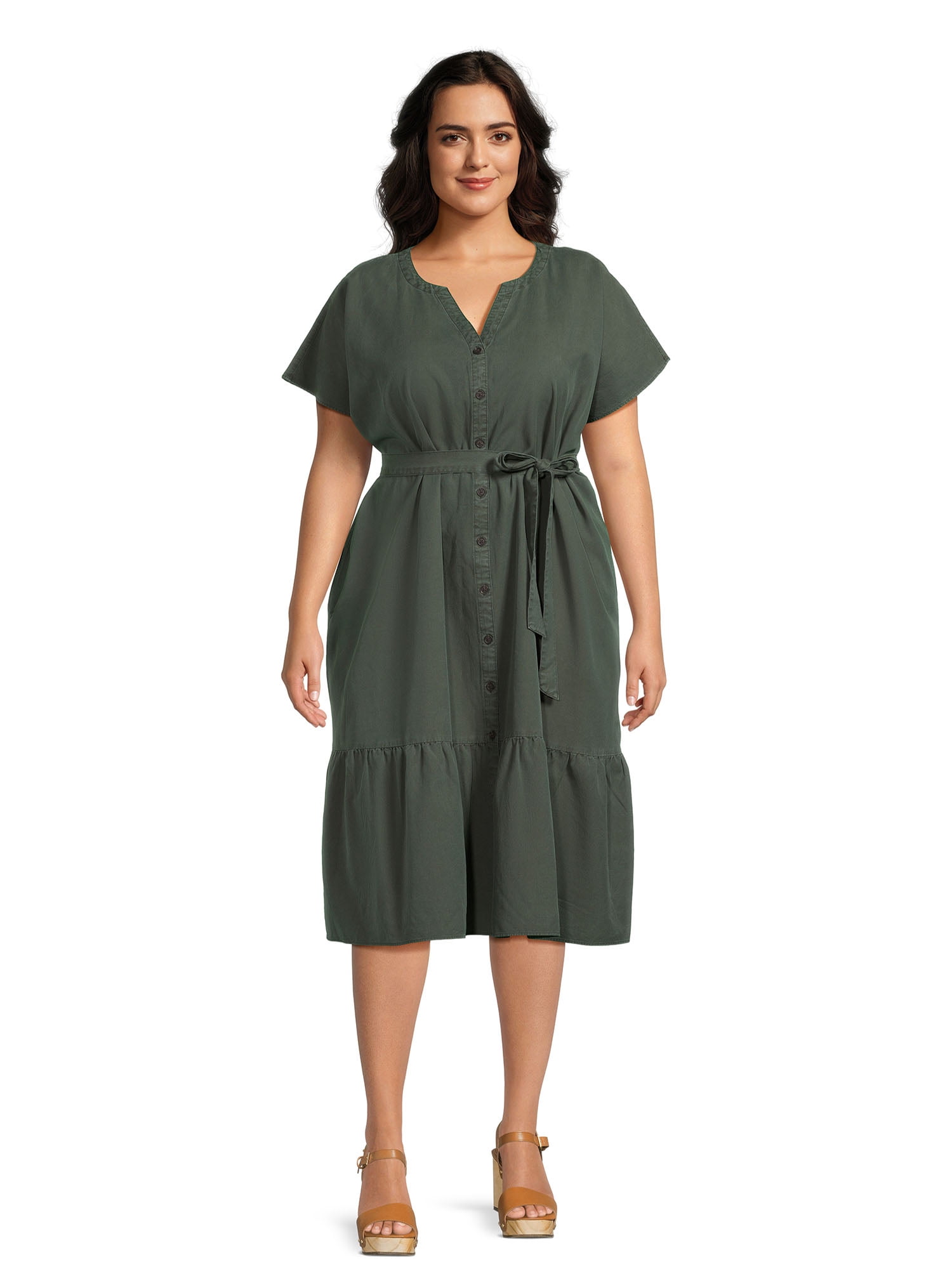 Terra & Sky Women's Plus Size Midi Shirt Dress with Ruffle Hem