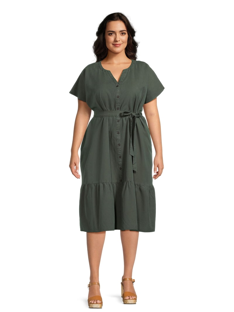 Terra & Sky Women's Plus Size Midi Shirt Dress with Ruffle Hem - Walmart.com