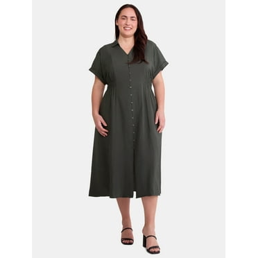 Terra & Sky Women's Plus Size Midi Utility Shirtdress, 0X-4X
