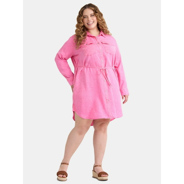 Terra & Sky Women's Plus Size Mini Shirt Dress with Long Sleeves, Sizes 0X-4X