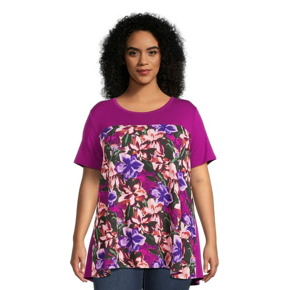 Terra & Sky Women's Plus Size Mixed Media Short Sleeve Top