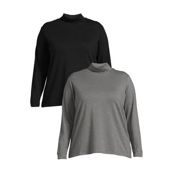 Terra & Sky Women's Plus Size Mock Neck T-Shirt, 2-Pack