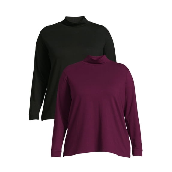 Terra & Sky Women's Plus Size Mock Neck T-Shirt, 2-Pack