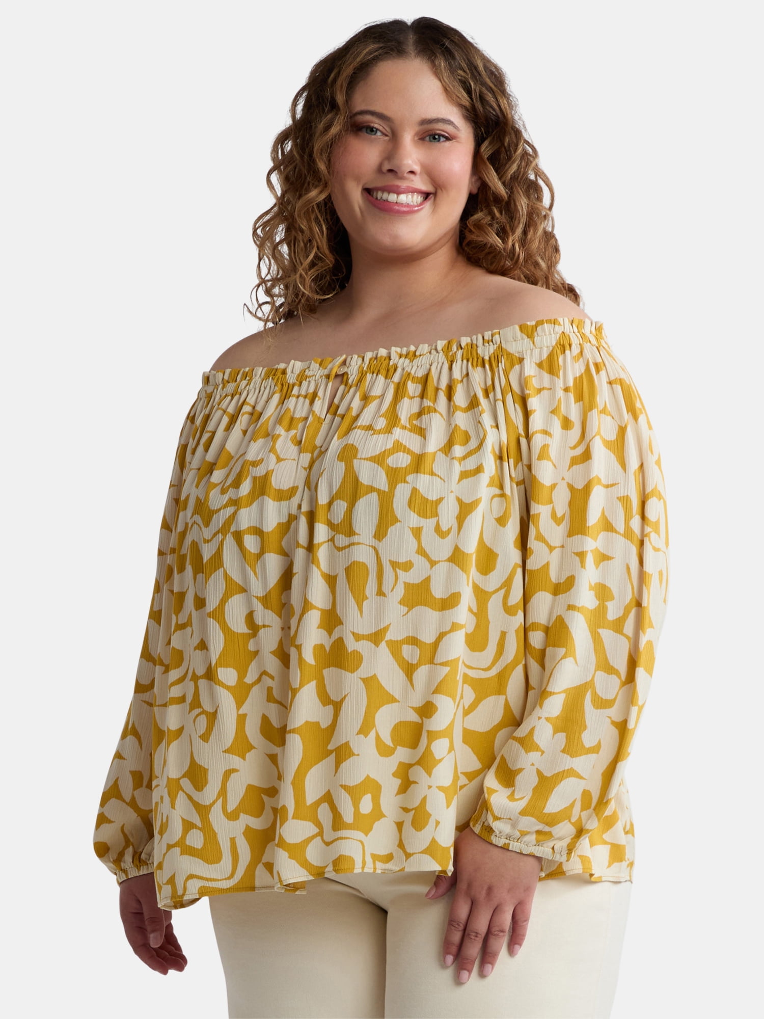 Terra & Sky Women's Plus Size Off The Shoulder Blouse with Long Sleeves, Sizes 0X-4X