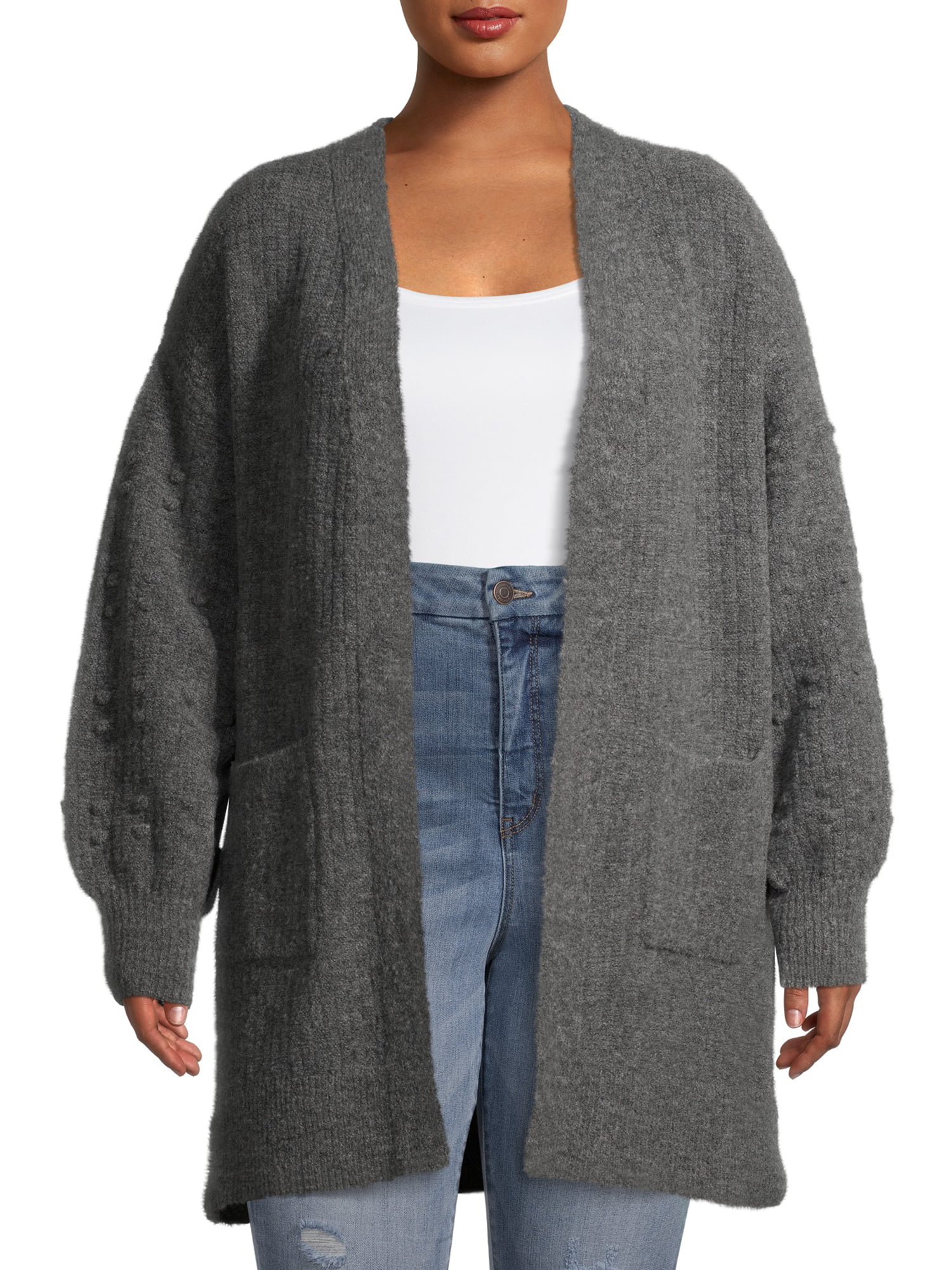 Terra & Sky Women's Plus Size Open-Front Super Soft Duster Cardigan with  Popcorn Stitch Sleeves