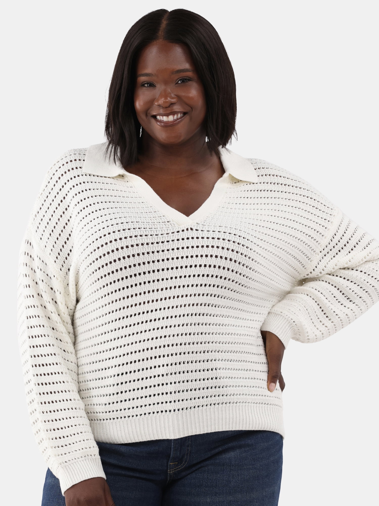 Terra Sky Women's Plus Size Open Stitch Sweater with Collar