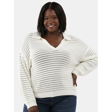 Terra & Sky Women's Plus Size Open Stitch Sweater with Collar, Sizes 0X-5X