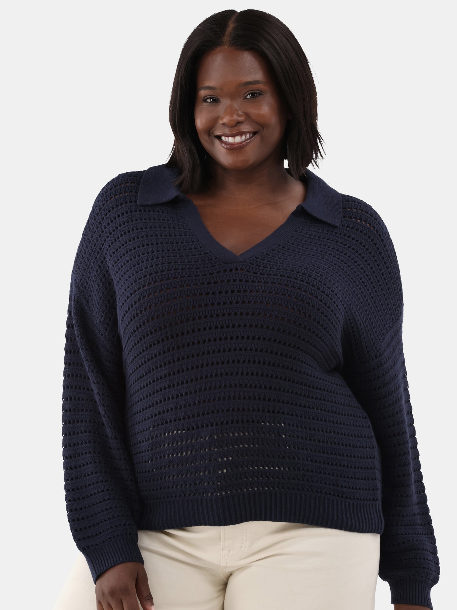 Terra & Sky Women's Plus Size Open Stitch Sweater with Collar, Sizes 0X-5X