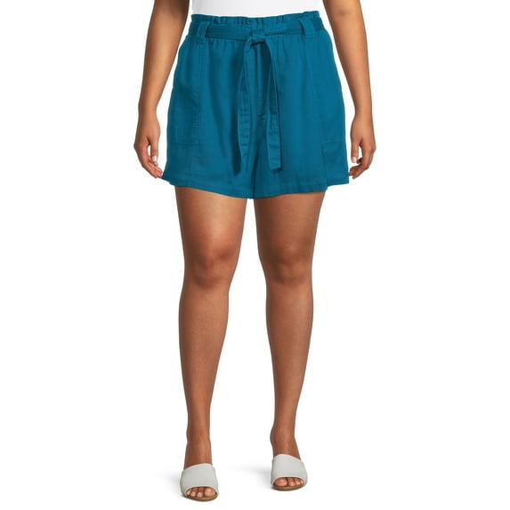 Terra & Sky Women's Plus Size Paperbag Belted Shorts