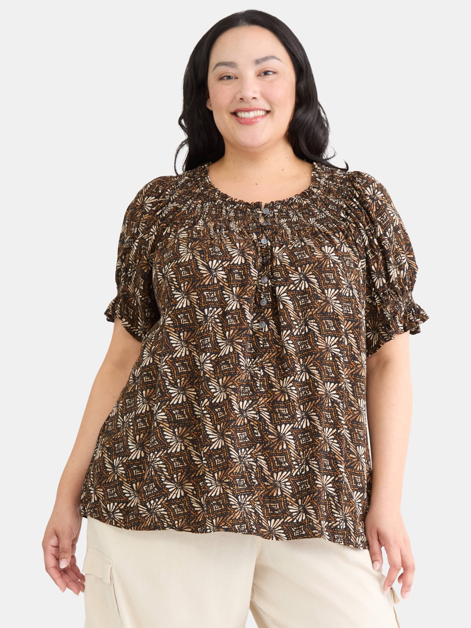 Terra \u0026 Sky Women's Plus Size Short Sleeve Peasant Top, Decorative Prints,  100% Viscose - Walmart.com, image size:1500x2000
