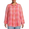 She + Sky Full Size Printed Button Down Cap Sleeve Shirt Plus Size