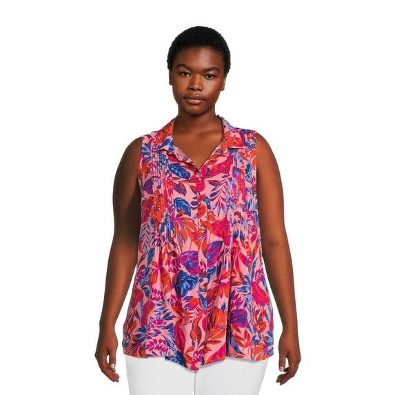 Terra & Sky Women's Plus Size Pintuck Camp Shrt
