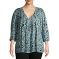 thumbnail image 1 of Terra & Sky Women's Plus Size Pintuck Woven Printed Quarter Sleeve V-Neck Blouse, 1 of 6