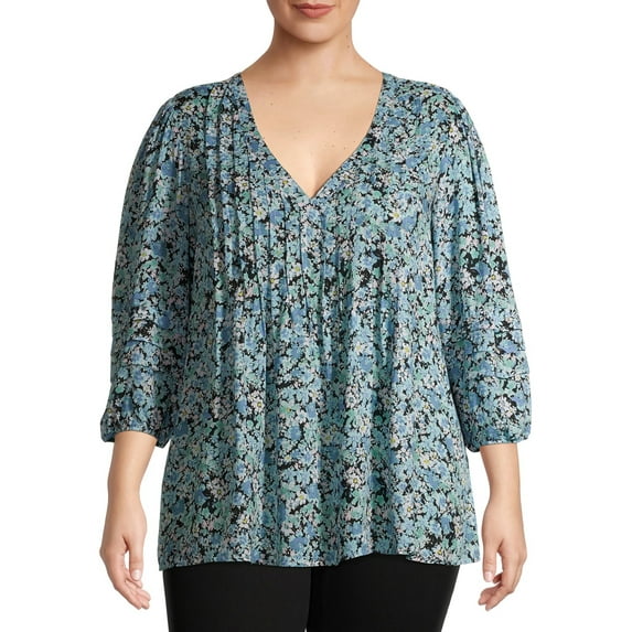 Terra & Sky Women's Plus Size Pintuck Woven Printed Quarter Sleeve V-Neck Blouse