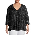 thumbnail image 1 of Terra & Sky Women's Plus Size Pintuck Woven Printed Quarter Sleeve V-Neck Blouse, 1 of 6